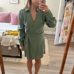 Zara Olive Green Long Sleeve Wrap Shirt Dress